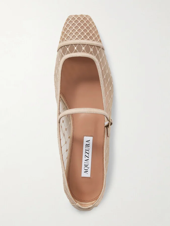 Aquazzura - Juliette Suede-trimmed Embroidered Mesh Mary Jane Ballet Flats - Neutrals - Image 5