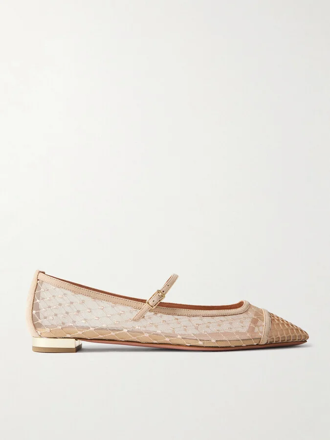 Aquazzura - Juliette Suede-trimmed Embroidered Mesh Mary Jane Ballet Flats - Neutrals