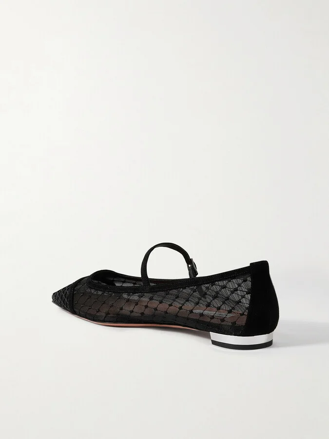 Aquazzura - Juliette Velvet-trimmed Embroidered Mesh Ballet Flats - Black - Image 3
