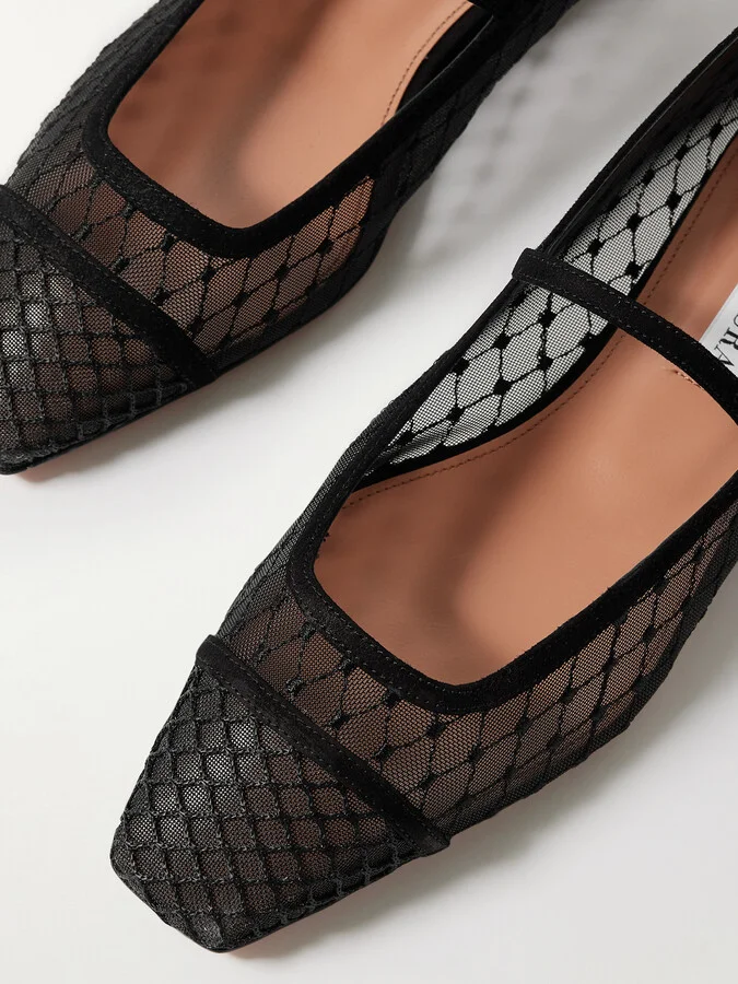 Aquazzura - Juliette Velvet-trimmed Embroidered Mesh Ballet Flats - Black - Image 4