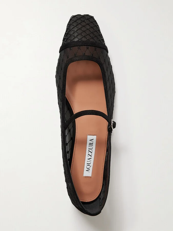 Aquazzura - Juliette Velvet-trimmed Embroidered Mesh Ballet Flats - Black - Image 5