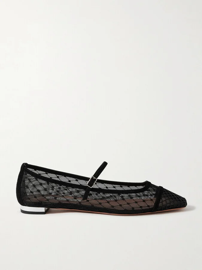 Aquazzura - Juliette Velvet-trimmed Embroidered Mesh Ballet Flats - Black