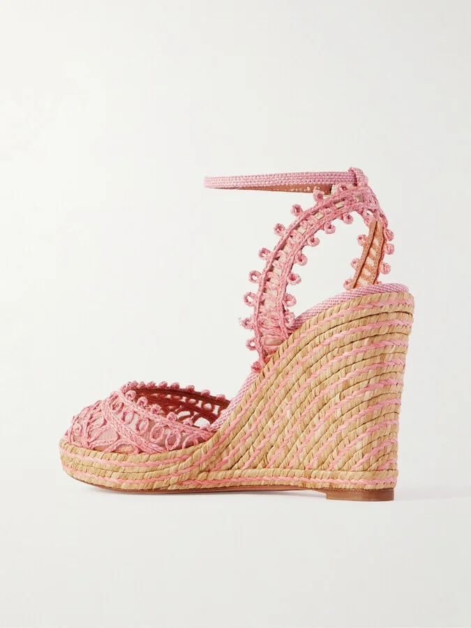 Aquazzura - Kahlo Mesh-trimmed Raffia Wedge Espadrilles - Pink - Image 3