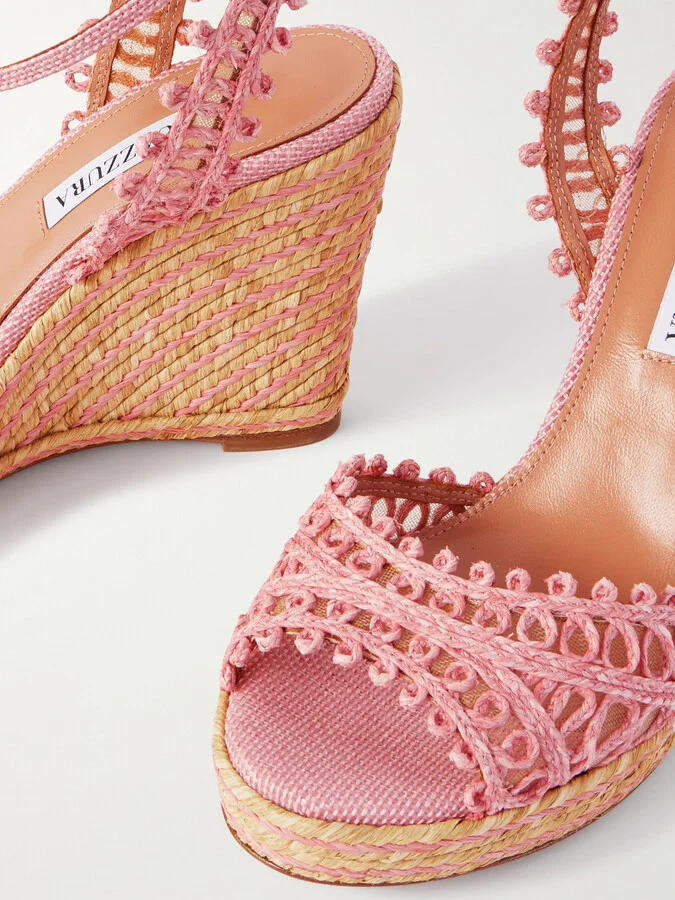 Aquazzura - Kahlo Mesh-trimmed Raffia Wedge Espadrilles - Pink - Image 4