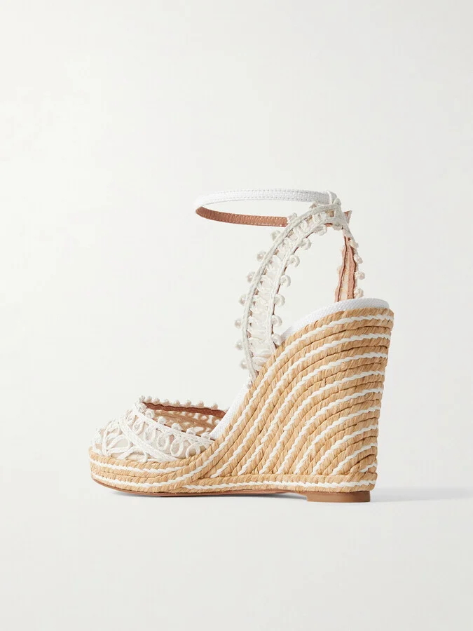 Aquazzura - Kahlo Mesh-trimmed Raffia Wedge Espadrilles - White - Image 3
