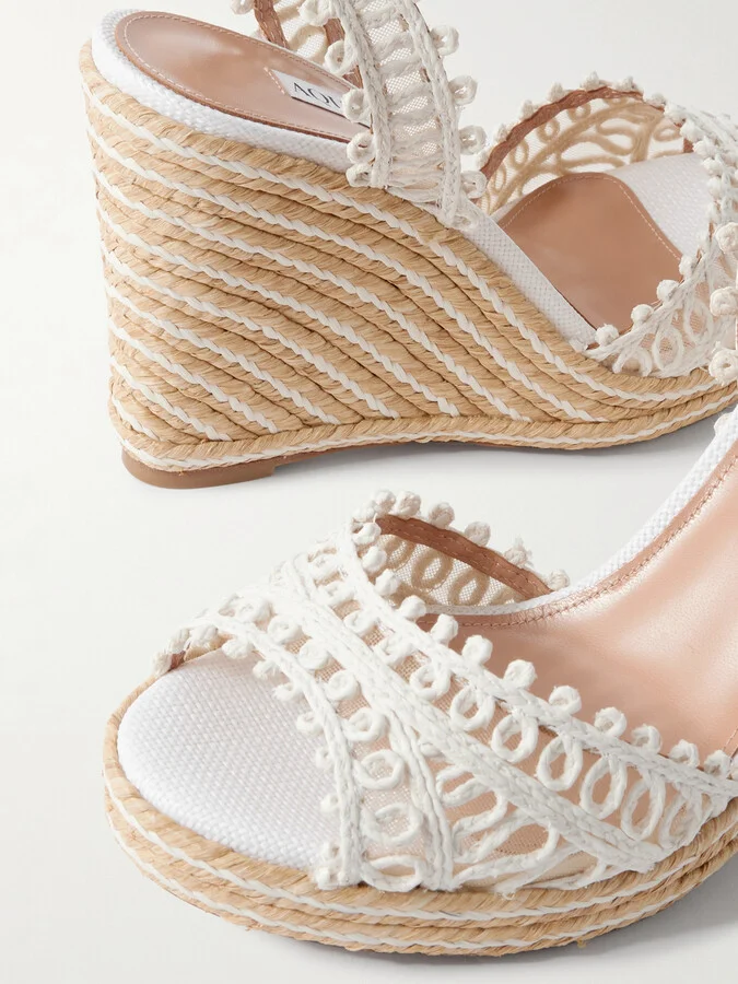 Aquazzura - Kahlo Mesh-trimmed Raffia Wedge Espadrilles - White - Image 4