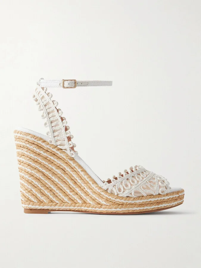 Aquazzura - Kahlo Mesh-trimmed Raffia Wedge Espadrilles - White