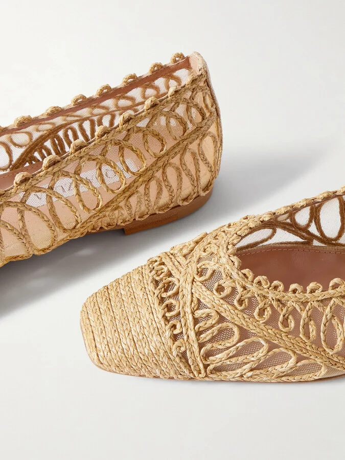 Aquazzura - Kahlo Raffia And Mesh Ballet Flats - Neutrals - Image 4