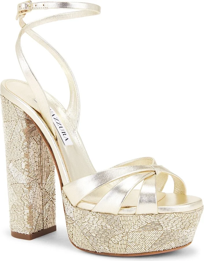 Aquazzura La Nuit 140 Plateau Sandal in Metallic Gold - Image 2