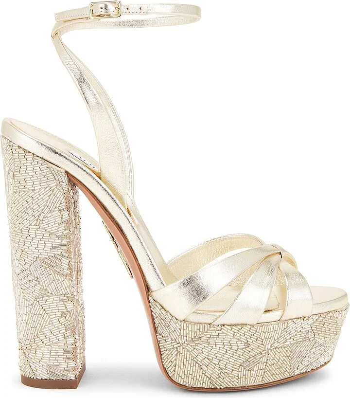 Aquazzura La Nuit 140 Plateau Sandal in Metallic Gold