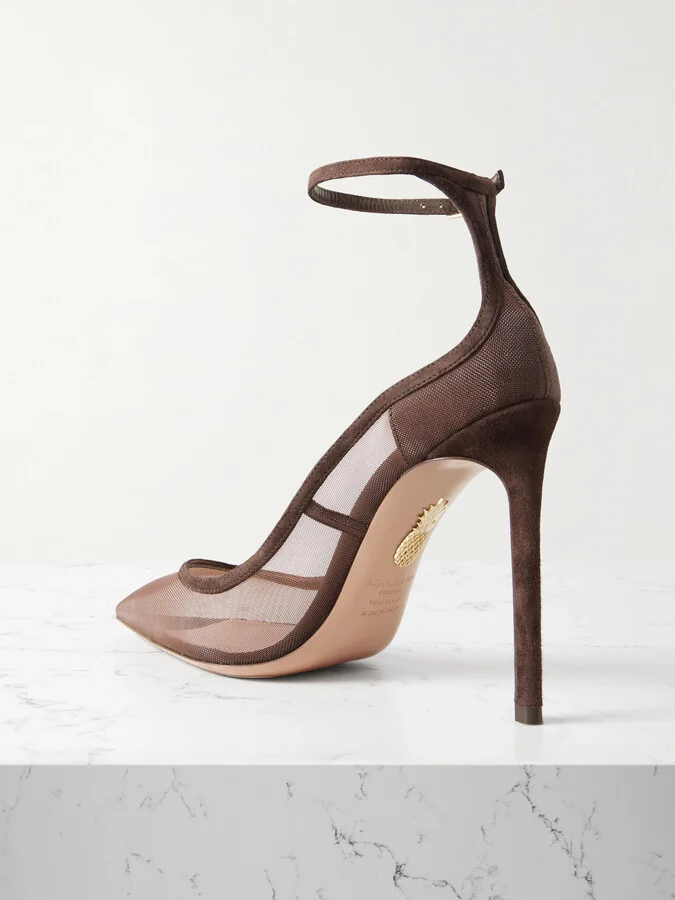 Aquazzura - Love Affair 105 Suede-trimmed Mesh Point-toe Pumps - Brown - Image 3