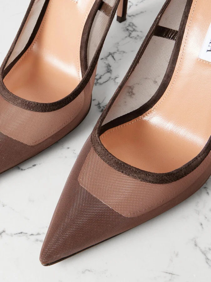 Aquazzura - Love Affair 105 Suede-trimmed Mesh Point-toe Pumps - Brown - Image 4