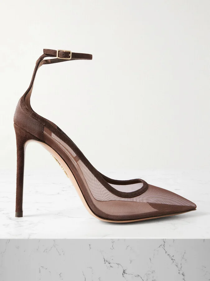 Aquazzura - Love Affair 105 Suede-trimmed Mesh Point-toe Pumps - Brown
