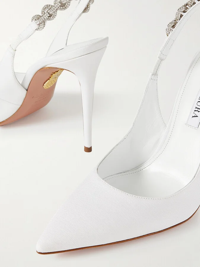 Aquazzura - Love Link 105 Crystal-embellished Grosgrain Slingback Pumps - White - Image 4