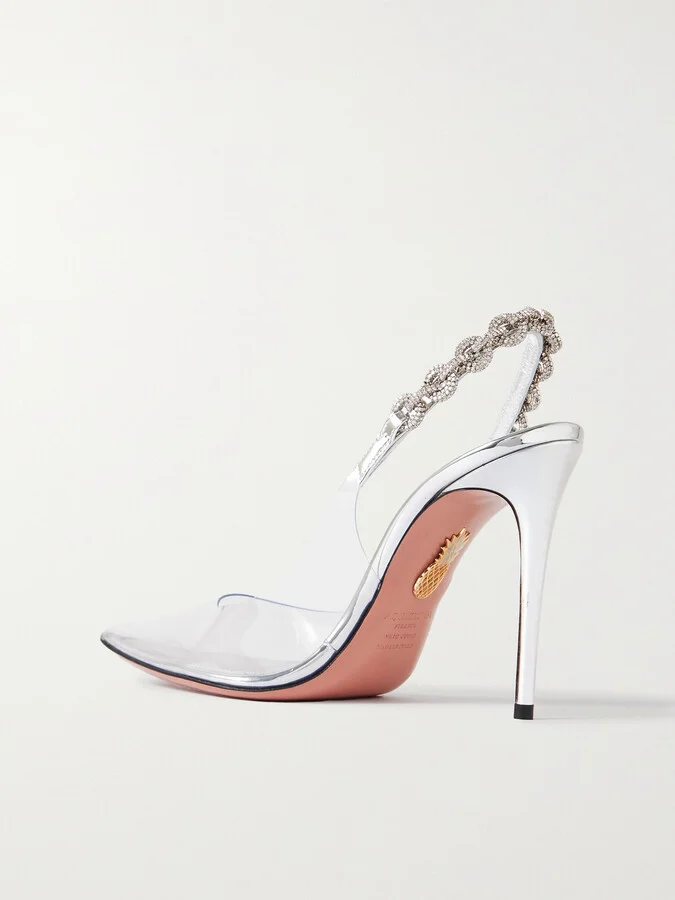 Aquazzura - Love Link 105 Crystal-embellished Pvc Slingback Pumps - Silver - Image 3