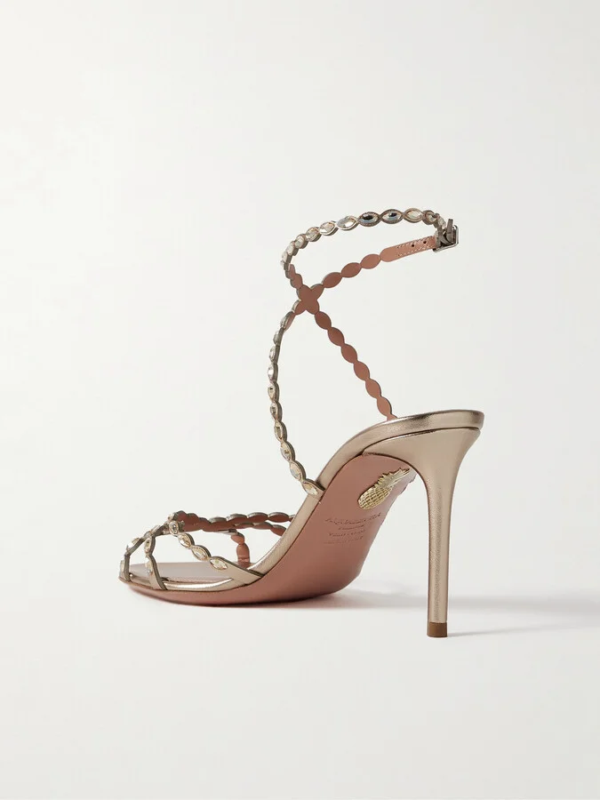 Aquazzura - Love Struck 85 Crystal-embellished Metallic Leather Sandals - Gold - Image 3