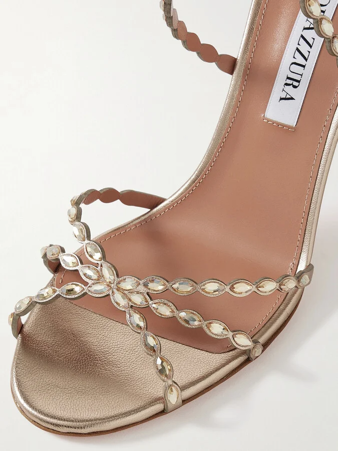 Aquazzura - Love Struck 85 Crystal-embellished Metallic Leather Sandals - Gold - Image 4