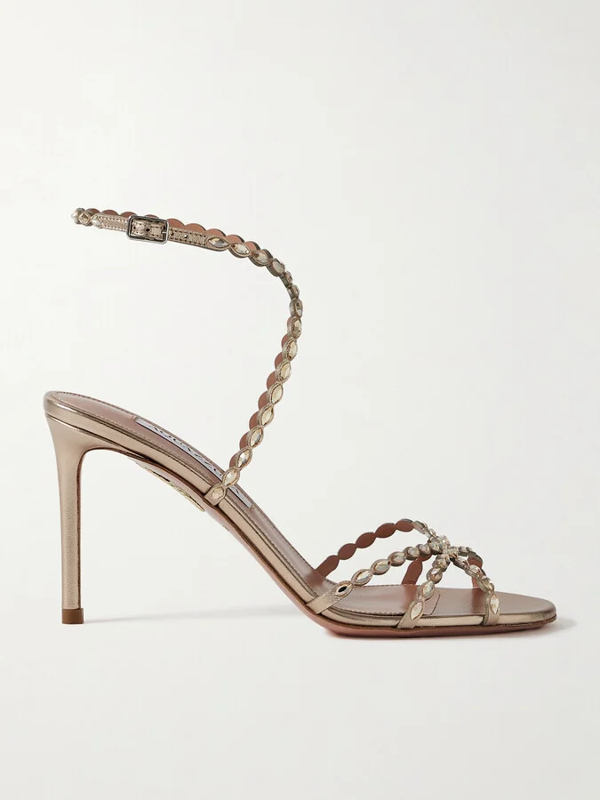 Aquazzura - Love Struck 85 Crystal-embellished Metallic Leather Sandals - Gold
