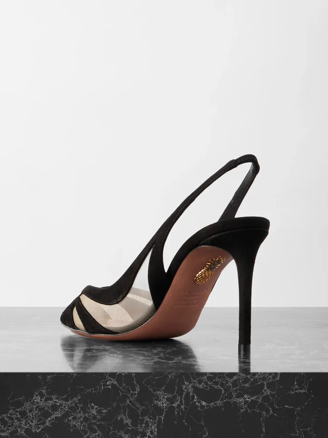 Aquazzura - Lune 85 Mesh-trimmed Suede Slingback Pumps - Black - Image 3