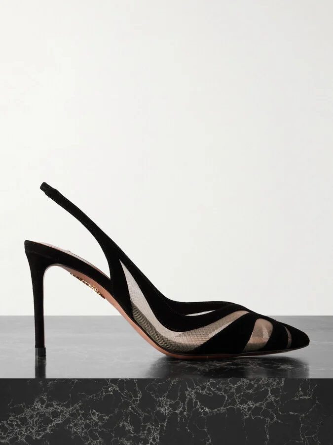 Aquazzura - Lune 85 Mesh-trimmed Suede Slingback Pumps - Black