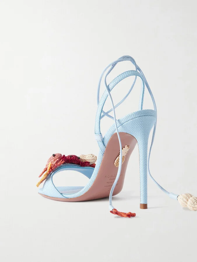 Aquazzura - Marea 105 Leather-trimmed Embellished Raffia Sandals - Blue - Image 3