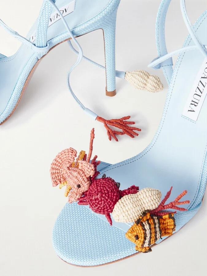 Aquazzura - Marea 105 Leather-trimmed Embellished Raffia Sandals - Blue - Image 4