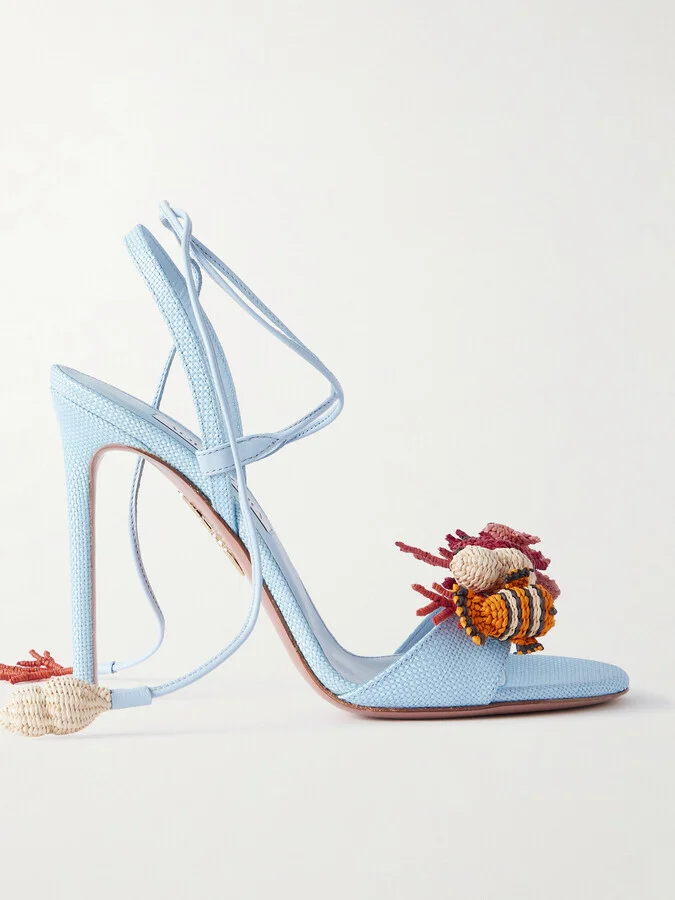 Aquazzura - Marea 105 Leather-trimmed Embellished Raffia Sandals - Blue