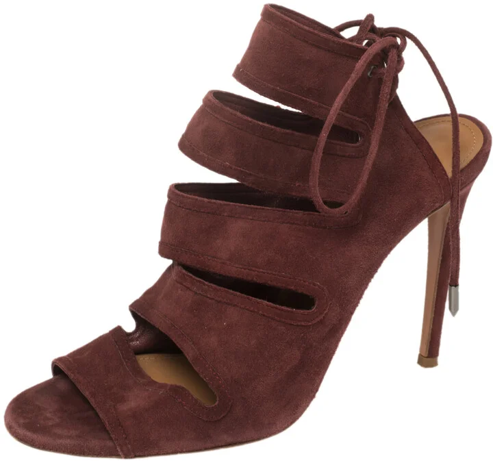 Aquazzura Maroon Suede Sloane Cutout Peep Toe Sandals Size 39