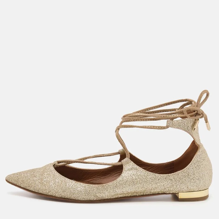 Aquazzura Metallic Gold Glitter Christy Lace Up Pointed Toe Ballet Flats Size 35.5