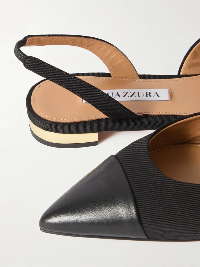 Aquazzura - Milanese Leather-trimmed Grosgrain Slingback Flats - Black - Image 4