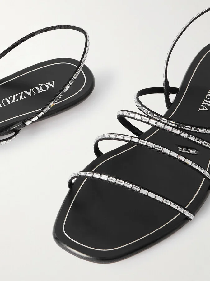 Aquazzura - Mistica Crystal-embellished Grosgrain Slingback Sandals - Black - Image 4