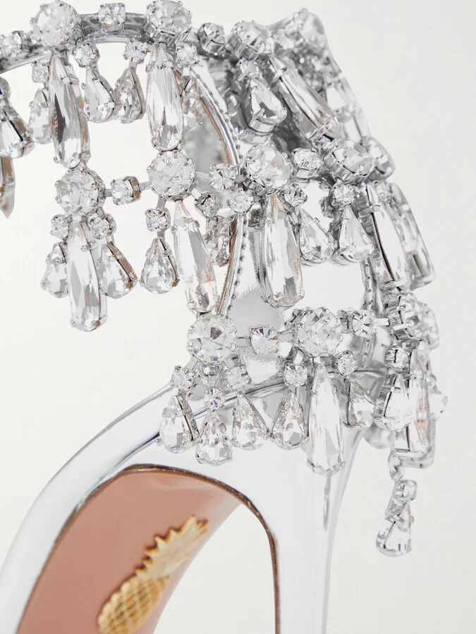 Aquazzura - Moonwalk 105 Crystal-embellished Metallic Leather Sandals - Silver - Image 4