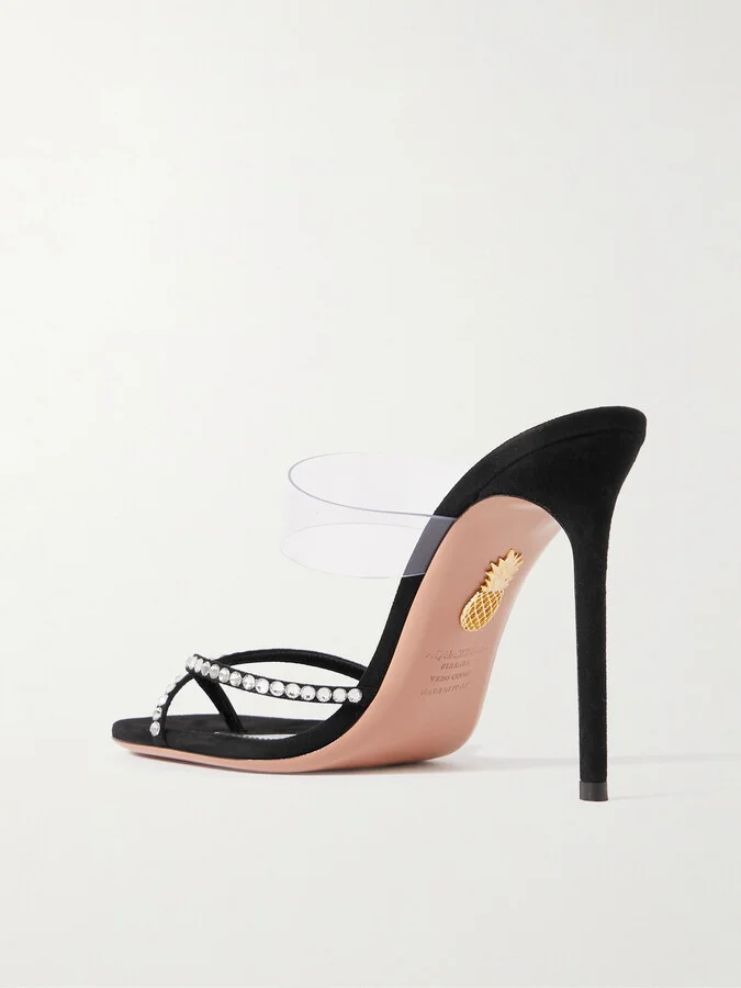 Aquazzura - Movie 105 Pvc-trimmed Crystal-embellished Suede Mules - Black - Image 3