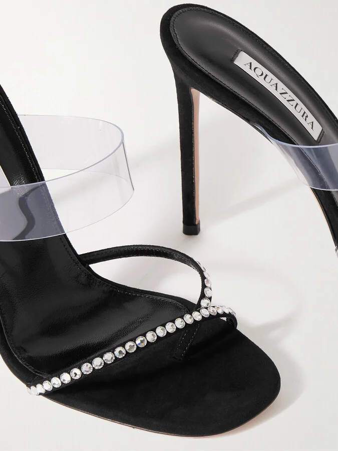 Aquazzura - Movie 105 Pvc-trimmed Crystal-embellished Suede Mules - Black - Image 4