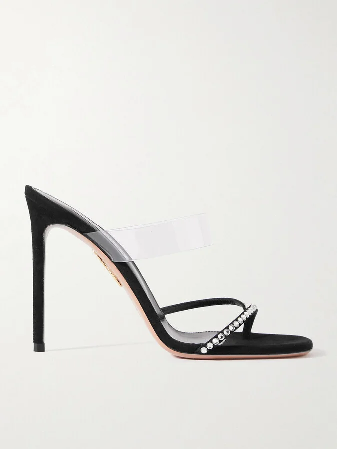 Aquazzura - Movie 105 Pvc-trimmed Crystal-embellished Suede Mules - Black