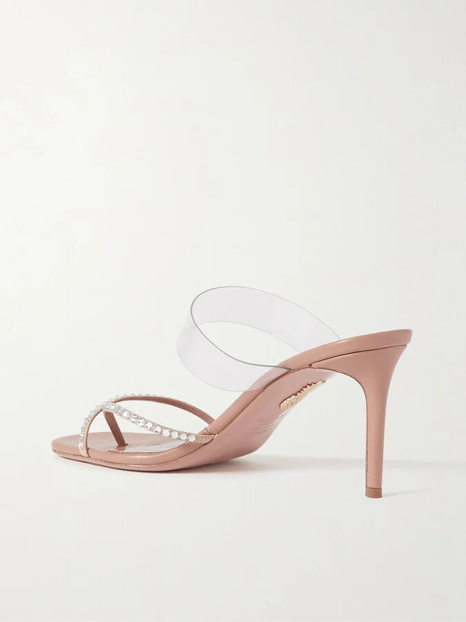 Aquazzura - Movie 75 Pvc-trimmed Crystal-embellished Suede Mules - Pink - Image 3