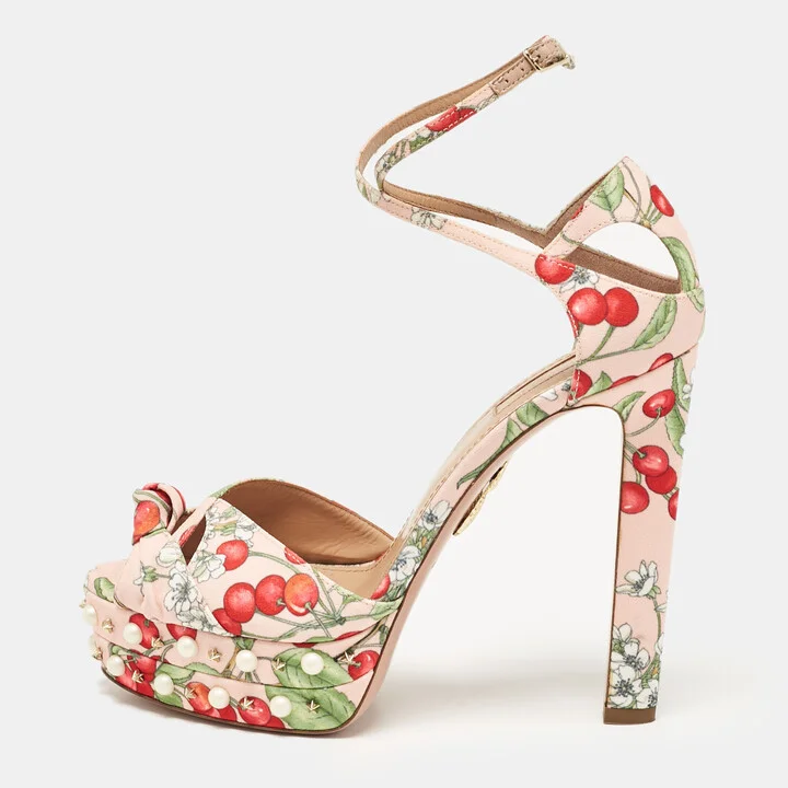 Aquazzura Multicolor Cherry Blossom Print Fabric Harlow Pearls Platform Sandals Size 39