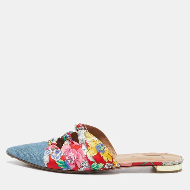 Aquazzura Multicolor Floral Fabric and Denim Mondaine Flat Mules Size 39