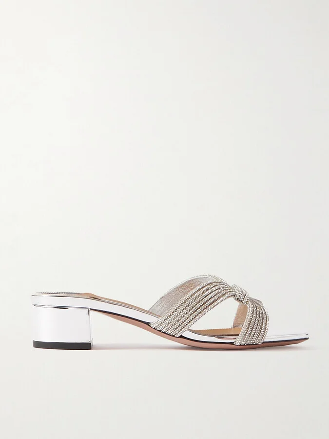 Aquazzura - Muse 35 Crystal-embellished Metallic Leather Mules - Silver