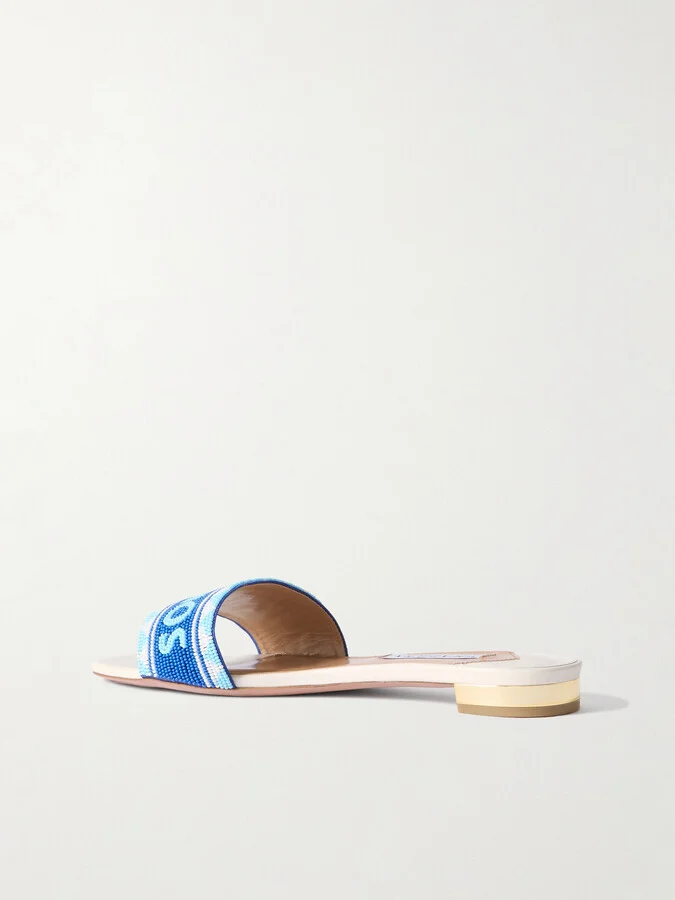Aquazzura - Mykonos Beaded Leather Slides - White - Image 3