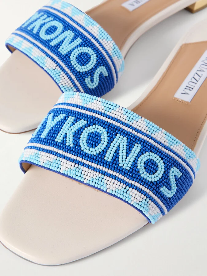 Aquazzura - Mykonos Beaded Leather Slides - White - Image 4
