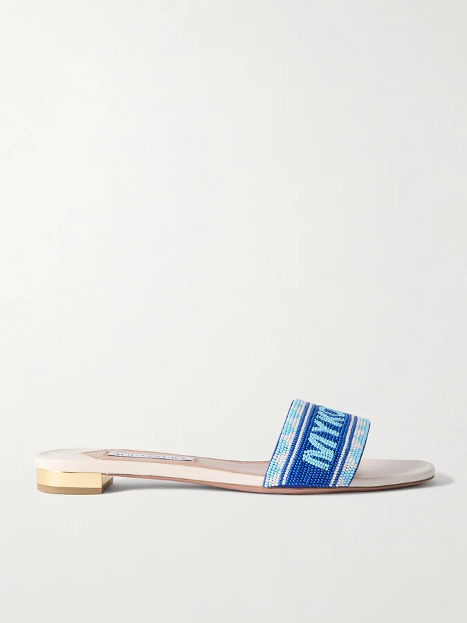 Aquazzura - Mykonos Beaded Leather Slides - White