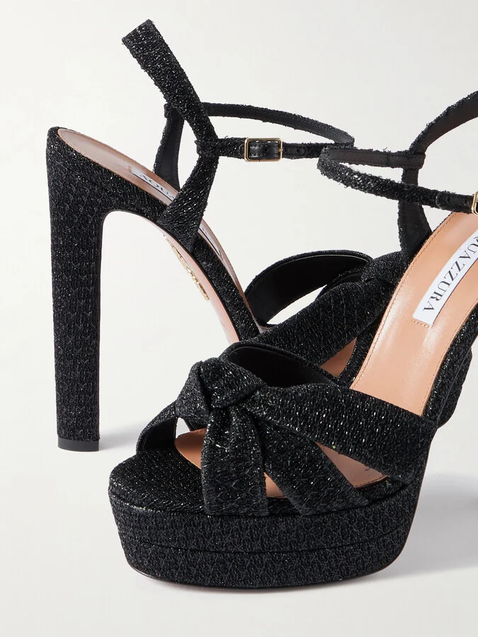 Aquazzura - Nina Plateau 130 Knotted Metallic Woven Platform Sandals - Black - Image 4