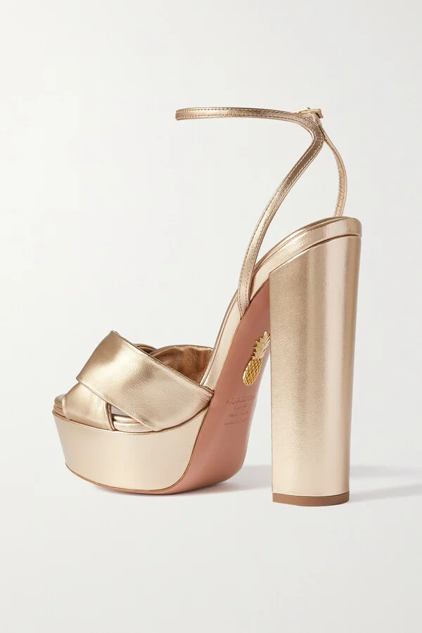Aquazzura - Olie Plateau 140 Knotted Metallic Leather Platform Sandals - Pink - Image 3