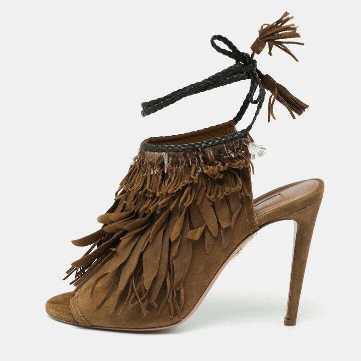 Aquazzura Olive Green Suede Tassel Ankle Tie Sandals Size 39
