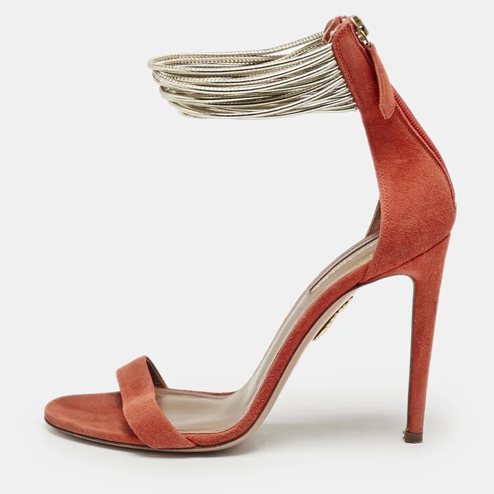 Aquazzura Orange/Gold Leather and Suede Ankle Strap Sandals Size 37