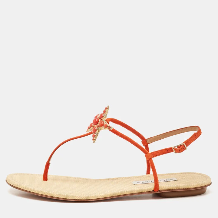 Aquazzura Orange Suede Star Embellished Slingback Sandals Size 39
