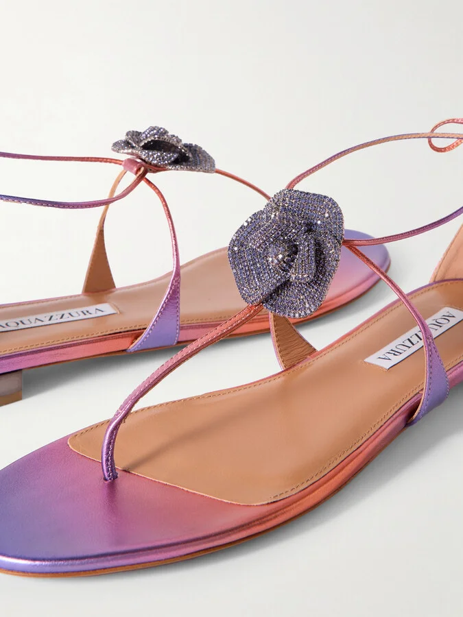 Aquazzura - Orchid Crystal-embellished Metallic Leather Sandals - Multi - Image 4
