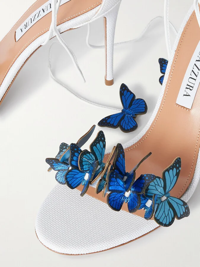 Aquazzura - Papillon 105 Leather-trimmed Appliquéd Raffia Sandals - Blue - Image 4