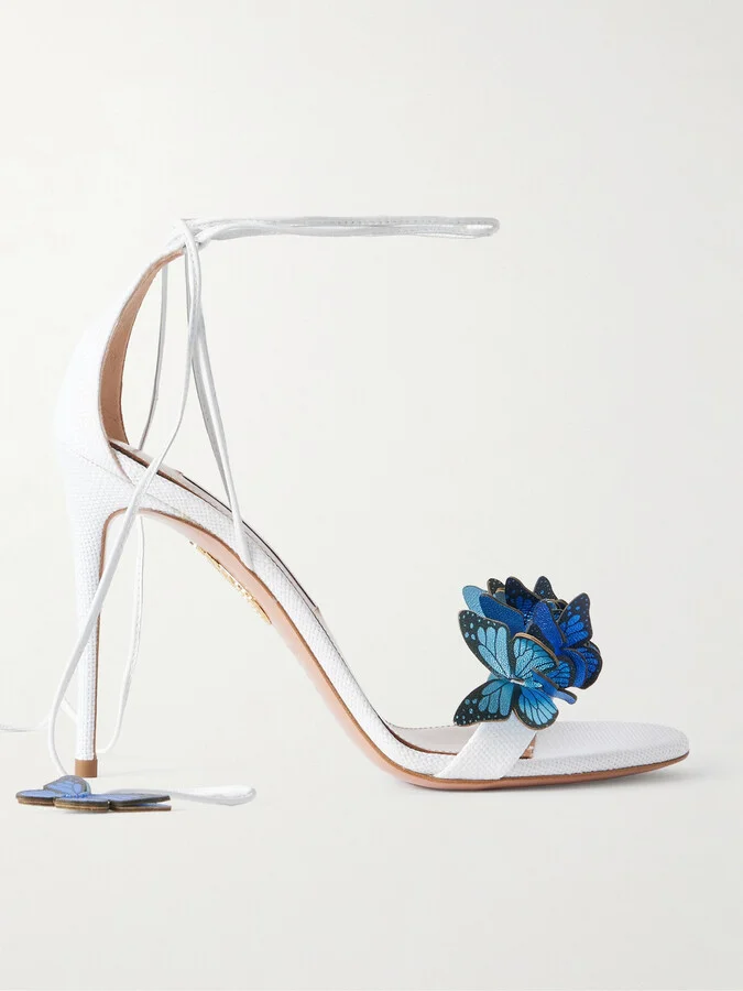 Aquazzura - Papillon 105 Leather-trimmed Appliquéd Raffia Sandals - Blue
